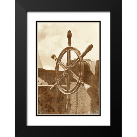 Sepia Ships Wheel I Black Modern Wood Framed Art Print with Double Matting by Vision Studio