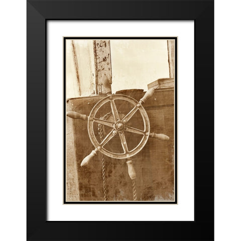 Sepia Ships Wheel II Black Modern Wood Framed Art Print with Double Matting by Vision Studio