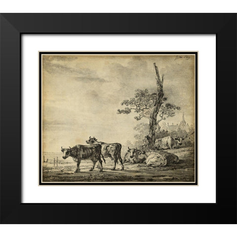 Pastoral Etching I Black Modern Wood Framed Art Print with Double Matting by Unknown