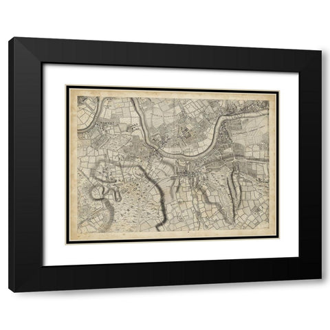 Map of London Grid X Black Modern Wood Framed Art Print with Double Matting by Unknown