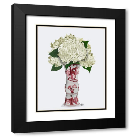 Chinoiserie Hydrangea White-Red Vase Black Modern Wood Framed Art Print with Double Matting by Fab Funky