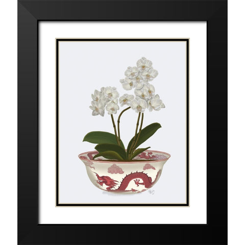 Chinoiserie Orchids White, Dragon Bowl Red Black Modern Wood Framed Art Print with Double Matting by Fab Funky