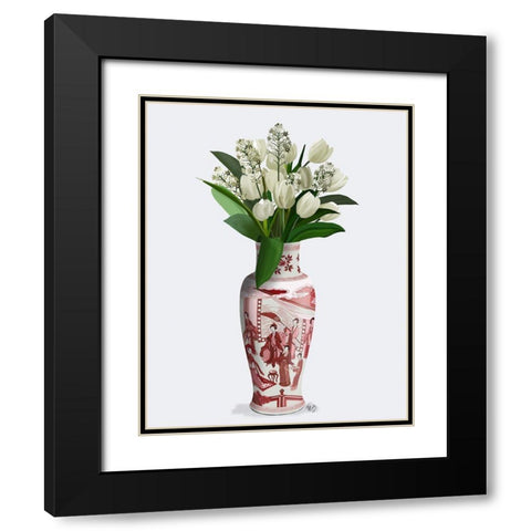 Chinoiserie Tulips White, Hyacinth White, Red Vase Black Modern Wood Framed Art Print with Double Matting by Fab Funky
