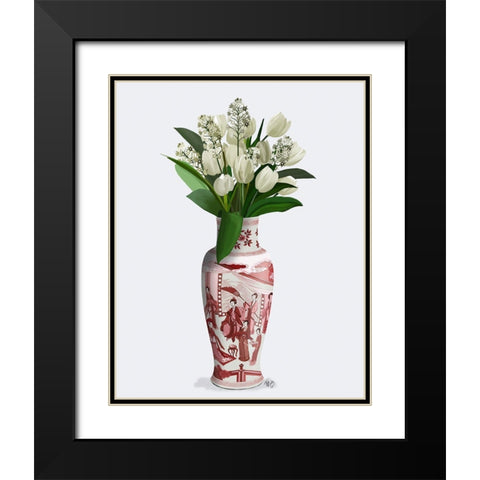Chinoiserie Tulips White, Hyacinth White, Red Vase Black Modern Wood Framed Art Print with Double Matting by Fab Funky