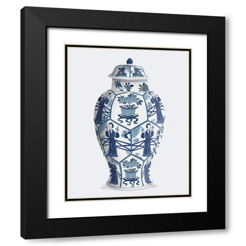 Chinoiserie Vase Leaf Picker Blue Black Modern Wood Framed Art Print with Double Matting by Fab Funky