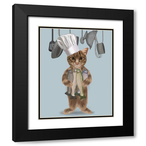 Tabby Cat Fish Chef Black Modern Wood Framed Art Print with Double Matting by Fab Funky