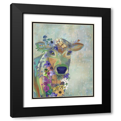Fantastic Florals Cow Black Modern Wood Framed Art Print with Double Matting by Fab Funky