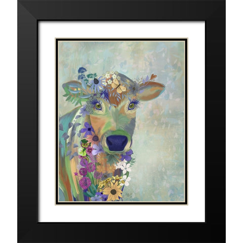 Fantastic Florals Cow Black Modern Wood Framed Art Print with Double Matting by Fab Funky