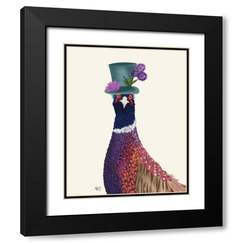 Pheasant in Blue Hat Black Modern Wood Framed Art Print with Double Matting by Fab Funky