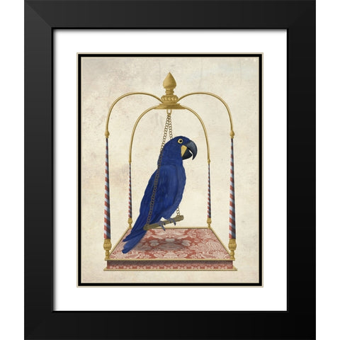 Blue Parrot on Swing Black Modern Wood Framed Art Print with Double Matting by Fab Funky