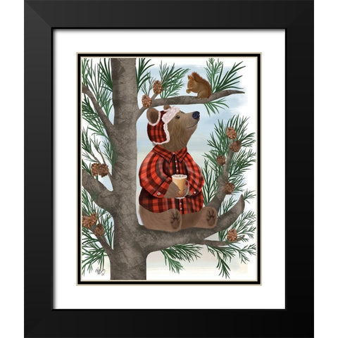 Lumberjack Bear Pine Tree Coffee Break Black Modern Wood Framed Art Print with Double Matting by Fab Funky