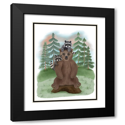 Bear and Raccoon Friends Black Modern Wood Framed Art Print with Double Matting by Fab Funky