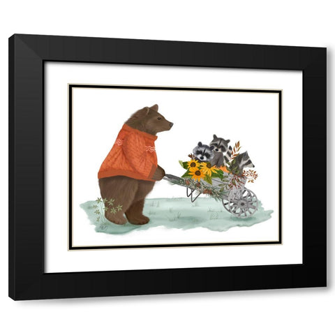 Bear and Raccoons in Wheelbarrow Black Modern Wood Framed Art Print with Double Matting by Fab Funky