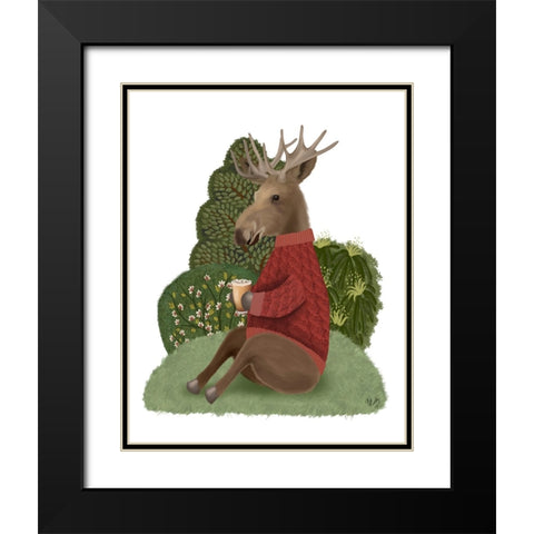Latte Moose in Sweater Black Modern Wood Framed Art Print with Double Matting by Fab Funky