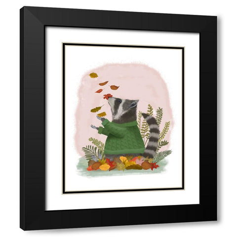 Raccoon Catching Leaves Black Modern Wood Framed Art Print with Double Matting by Fab Funky