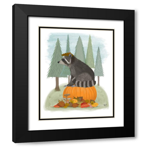 Raccoon On Pumpkin Black Modern Wood Framed Art Print with Double Matting by Fab Funky