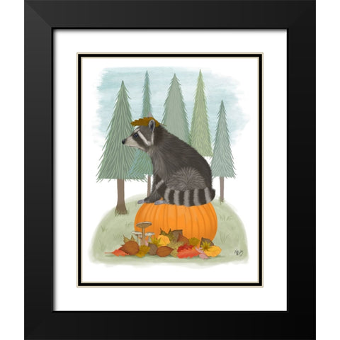 Raccoon On Pumpkin Black Modern Wood Framed Art Print with Double Matting by Fab Funky