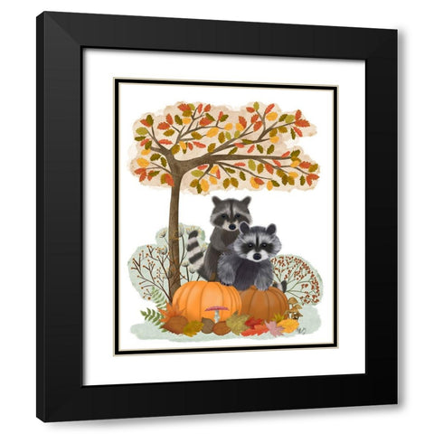 Raccoons On Pumpkins Under Tree Black Modern Wood Framed Art Print with Double Matting by Fab Funky