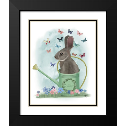Bunny Watering Can and Butterflies Black Modern Wood Framed Art Print with Double Matting by Fab Funky