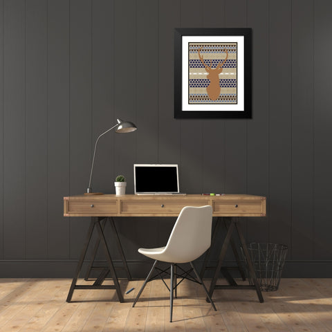 Orange Blue Tribal Deer Black Modern Wood Framed Art Print with Double Matting by Moss, Tara