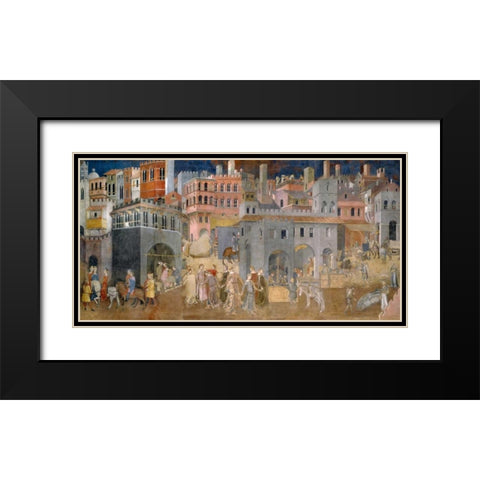 Effetti del Buon Governo in citta Black Modern Wood Framed Art Print with Double Matting by Lorenzetti, Ambrogio