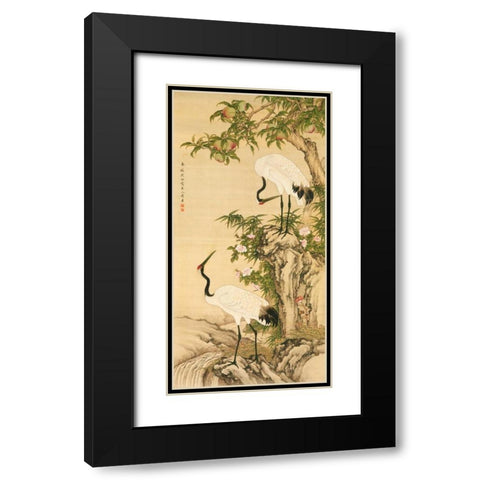 Cranes, Peach Tree, and Chinese Roses  Black Modern Wood Framed Art Print with Double Matting by Anonymous
