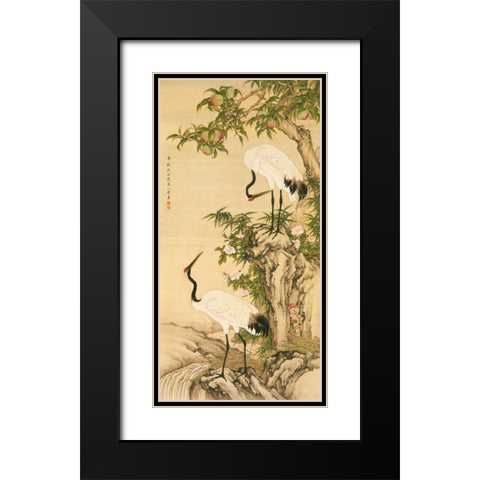 Cranes, Peach Tree, and Chinese Roses  Black Modern Wood Framed Art Print with Double Matting by Anonymous