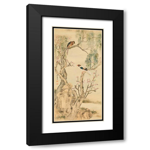 Birds on flowered branches Black Modern Wood Framed Art Print with Double Matting by Anonymous
