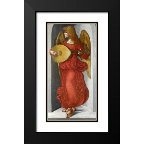 An Angel in Red with a Lute Black Modern Wood Framed Art Print with Double Matting by After Leonardo da Vinci