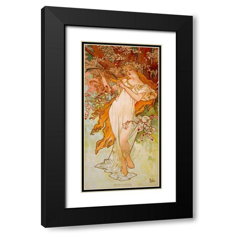 Printemps Black Modern Wood Framed Art Print with Double Matting by Mucha, Alphonse