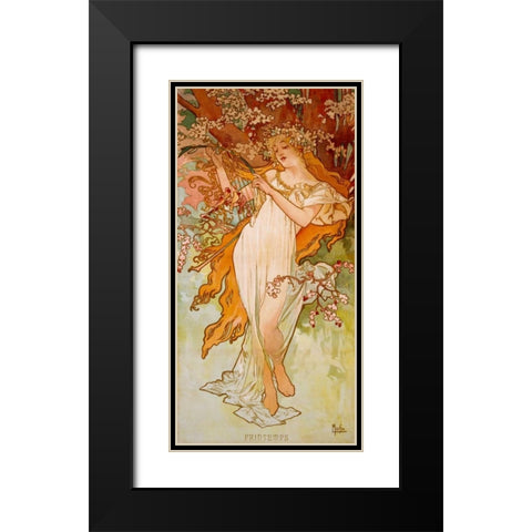 Printemps Black Modern Wood Framed Art Print with Double Matting by Mucha, Alphonse