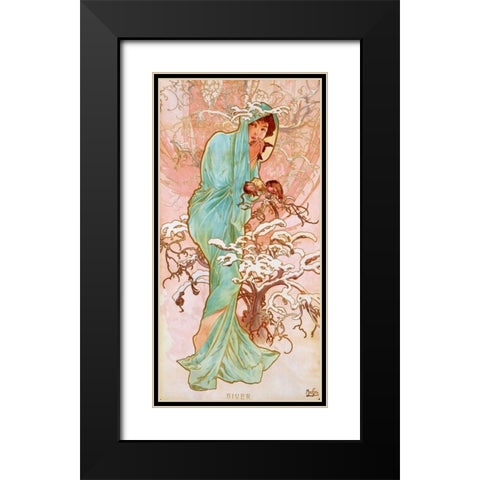 Hiver Black Modern Wood Framed Art Print with Double Matting by Mucha, Alphonse