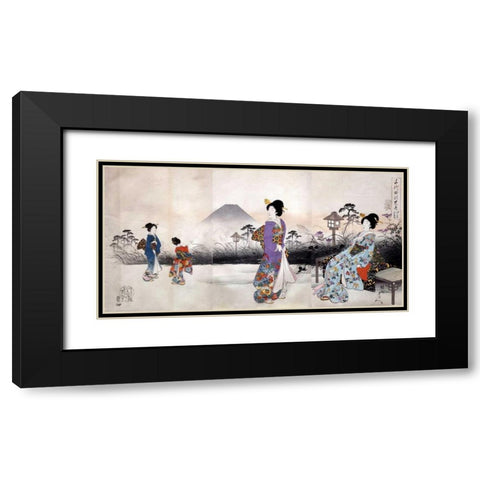 Japonaises en promenade devant le mont Fuji Black Modern Wood Framed Art Print with Double Matting by Toyohara