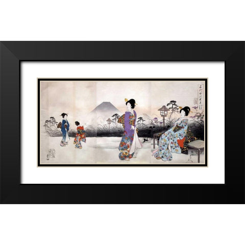Japonaises en promenade devant le mont Fuji Black Modern Wood Framed Art Print with Double Matting by Toyohara