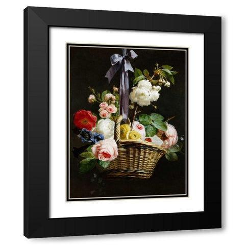 A Romantic Basket of Flowers Black Modern Wood Framed Art Print with Double Matting by Berjon, Antoine