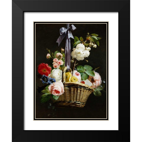 A Romantic Basket of Flowers Black Modern Wood Framed Art Print with Double Matting by Berjon, Antoine