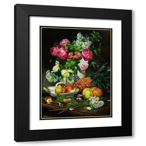 Painting of Roses in a Vase, Pears in a Porcelain Bowl Black Modern Wood Framed Art Print with Double Matting by Anonymous