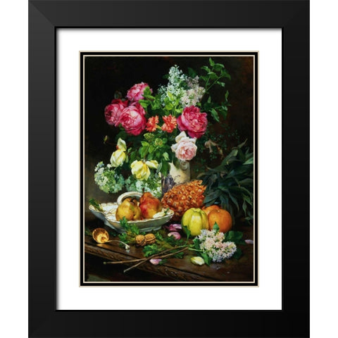 Painting of Roses in a Vase, Pears in a Porcelain Bowl Black Modern Wood Framed Art Print with Double Matting by Anonymous