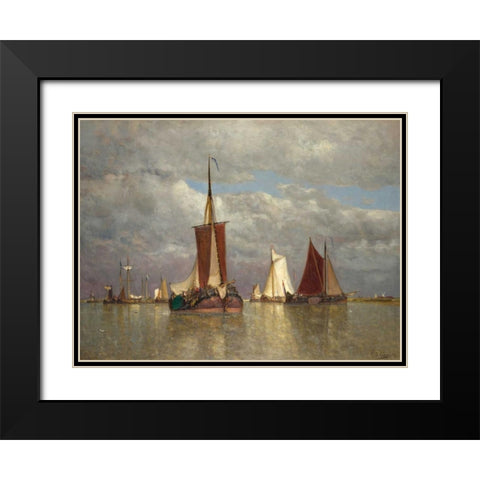 Ships lying near Dordrecht Black Modern Wood Framed Art Print with Double Matting by Clays, Paul Jean