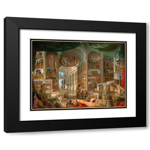 Galleria con vedute di Roma antica Black Modern Wood Framed Art Print with Double Matting by Panini, Giovanni Paolo