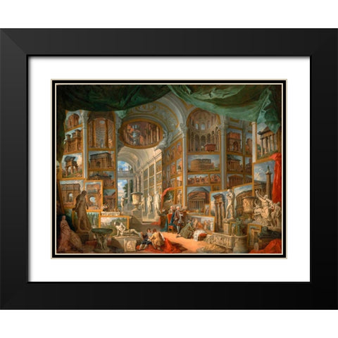 Galleria con vedute di Roma antica Black Modern Wood Framed Art Print with Double Matting by Panini, Giovanni Paolo