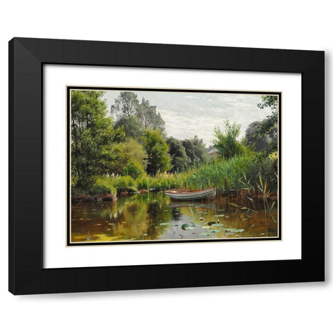 A forest lake with a rowboat Black Modern Wood Framed Art Print with Double Matting by Monsted, Peder Mork