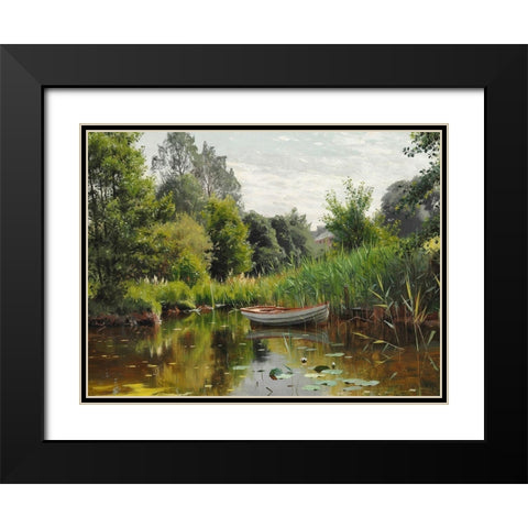 A forest lake with a rowboat Black Modern Wood Framed Art Print with Double Matting by Monsted, Peder Mork