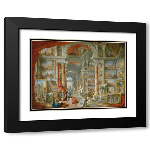 Galleria con vedute di Roma antica Black Modern Wood Framed Art Print with Double Matting by Panini, Giovanni Paolo