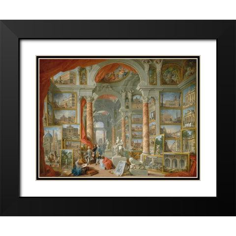 Galleria con vedute di Roma antica Black Modern Wood Framed Art Print with Double Matting by Panini, Giovanni Paolo