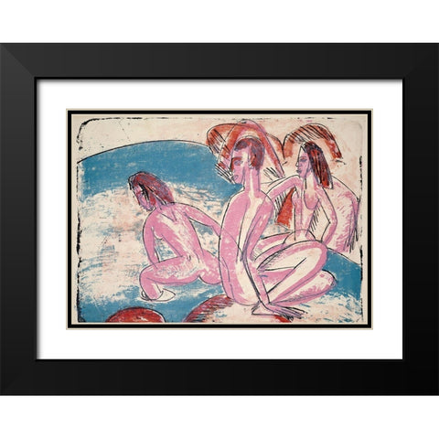 Three Bathers by Stones Black Modern Wood Framed Art Print with Double Matting by Kirchner, Ernst Ludwig