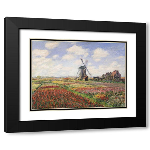 Tulip Fields with Windmill Black Modern Wood Framed Art Print with Double Matting by Monet, Claude