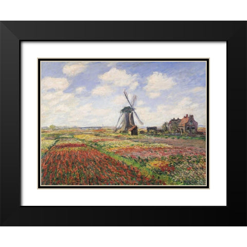 Tulip Fields with Windmill Black Modern Wood Framed Art Print with Double Matting by Monet, Claude