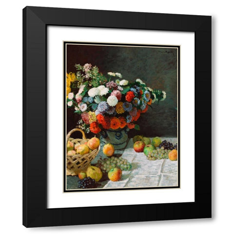 Still life with flowers and fruit Black Modern Wood Framed Art Print with Double Matting by Monet, Claude