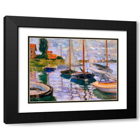 Voiliers sur la Seine Black Modern Wood Framed Art Print with Double Matting by Monet, Claude